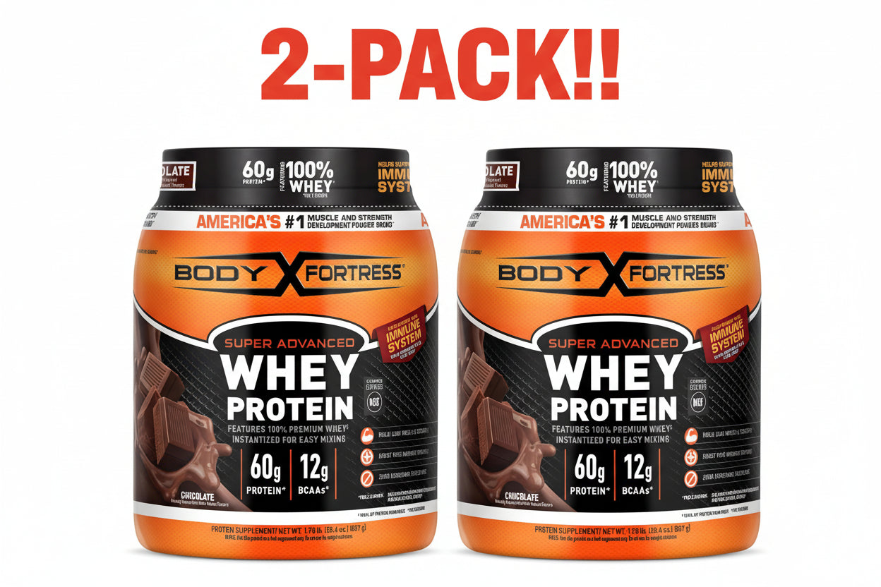 Two bottles of Body Fortress whey protein with a '2-Pack!' label on a white background.