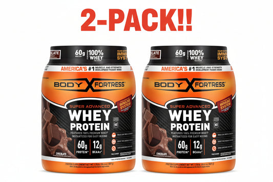 Two bottles of Body Fortress whey protein with a '2-Pack!' label on a white background.