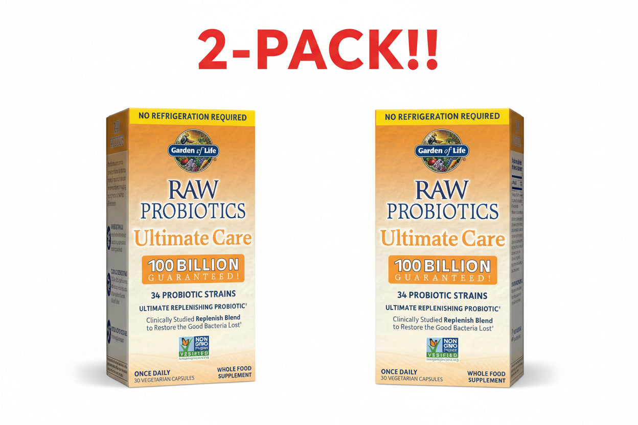 Two boxes of Garden of Life Raw Probiotics Ultimate Care on a white background with '2-Pack!' text above.