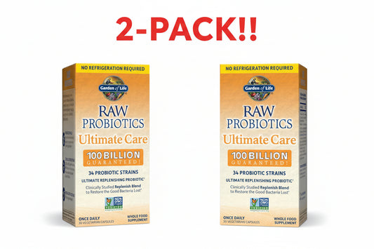 Two boxes of Garden of Life Raw Probiotics Ultimate Care on a white background with '2-Pack!' text above.