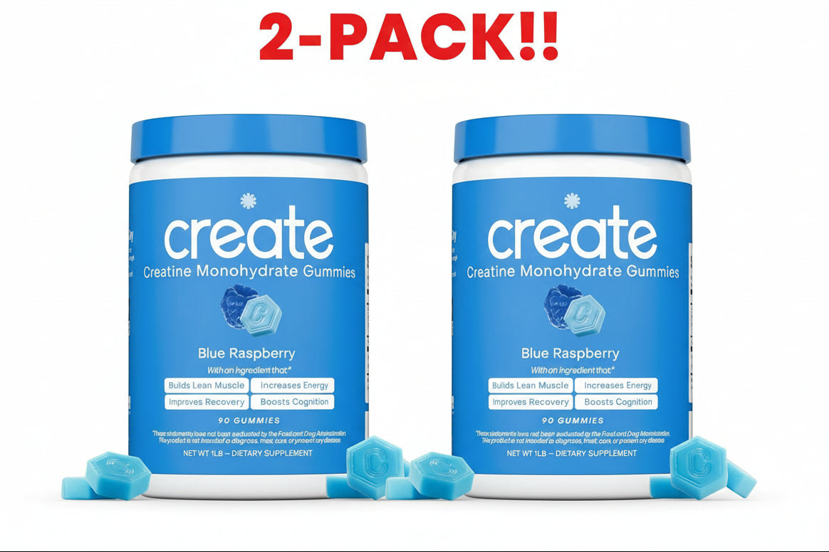 Two containers of 'create' Blue Raspberry creatine monohydrate gummies on a white background with '2-PACK!!' text.