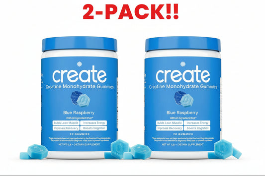 Two containers of 'create' Blue Raspberry creatine monohydrate gummies on a white background with '2-PACK!!' text.