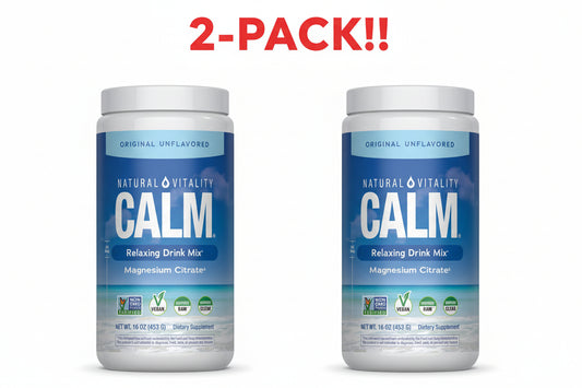 Two containers of Natural Vitality Calm relaxing drink mix on a white background with '2-Pack!!' text above.