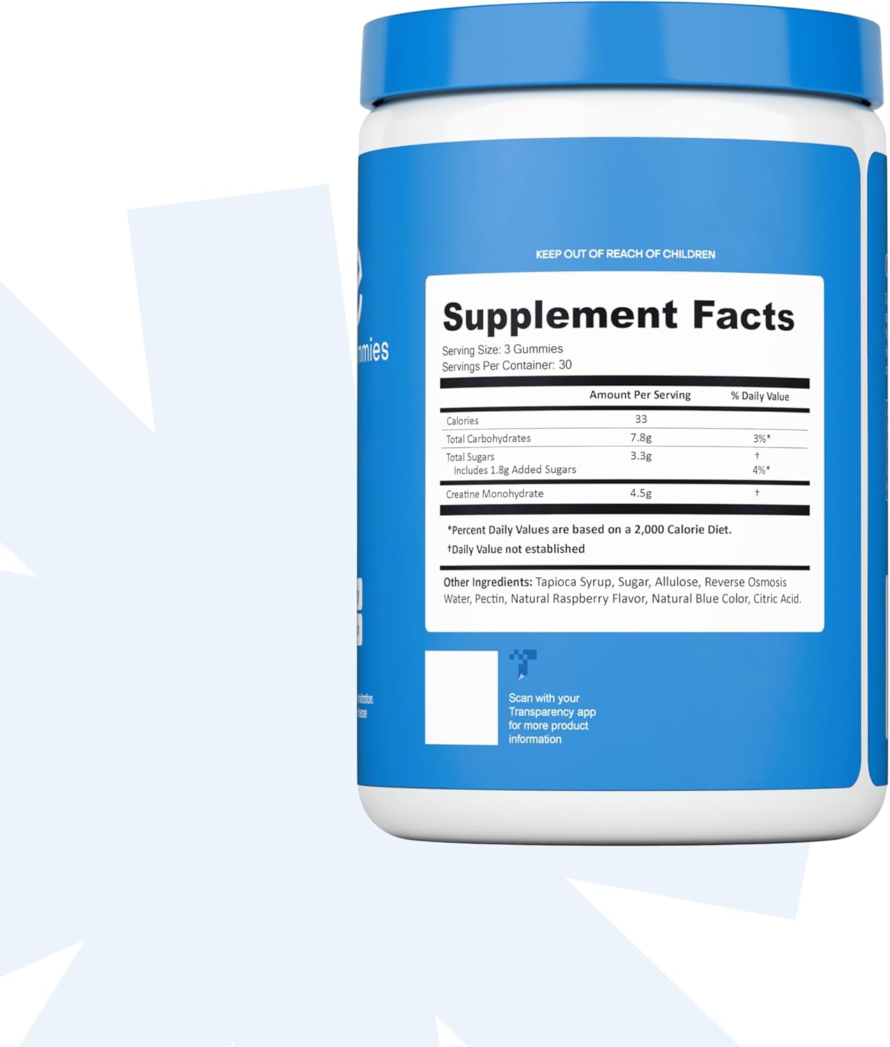 Supplement container with blue lid and label displaying 'Supplement Facts' on a white background.