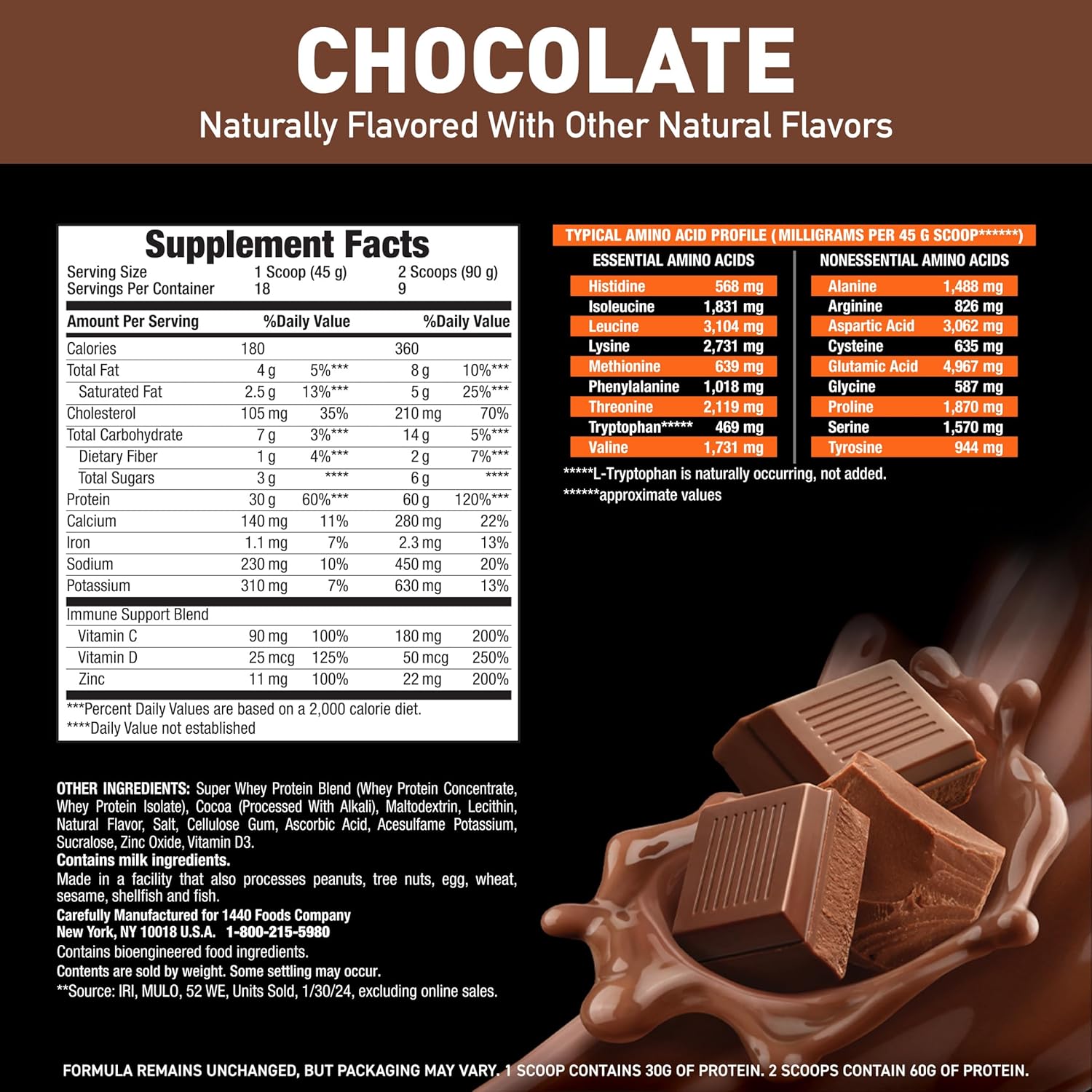 Chocolate supplement facts label with ingredients and nutritional information.