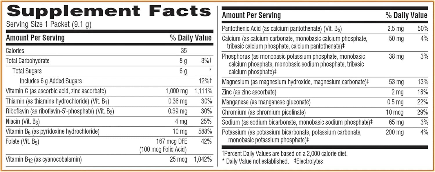 Supplement facts label for a product with various nutrients listed.
