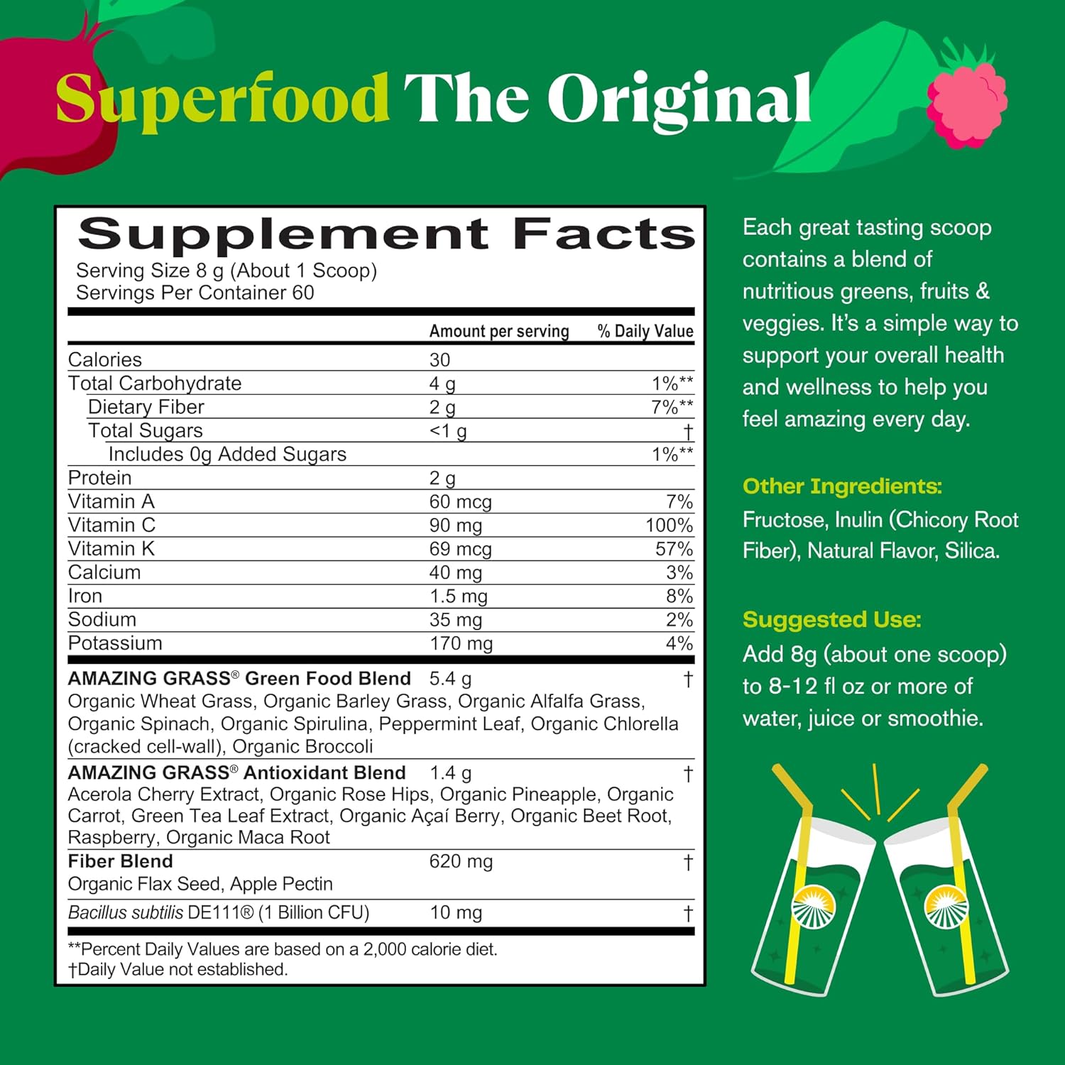 Supplement facts label for a product called 'Superfood The Original' on a green background.