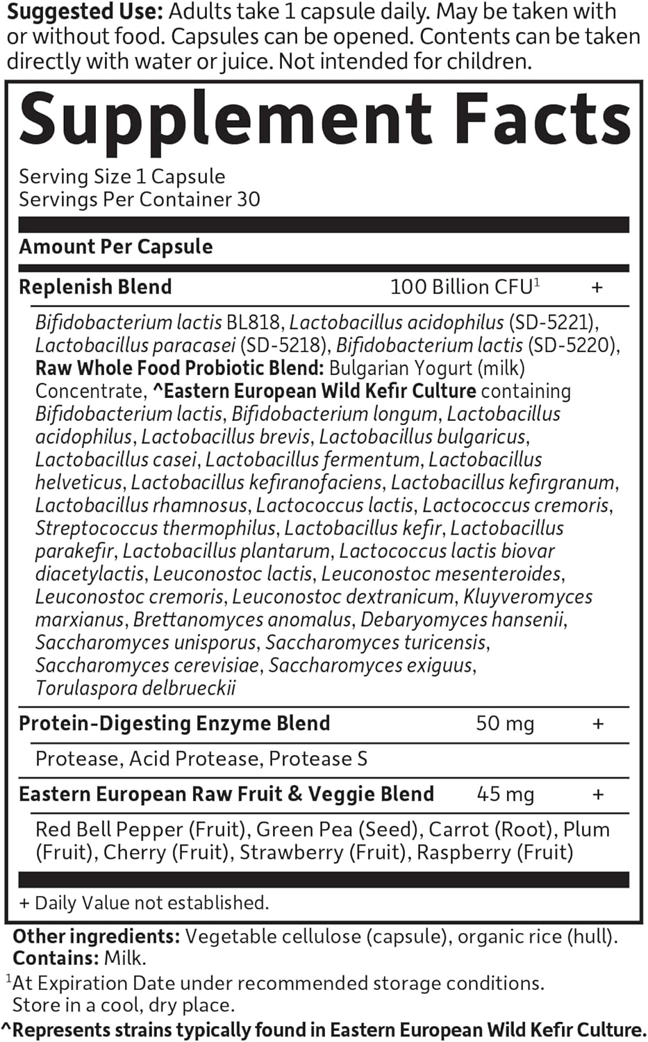 Supplement label with ingredient list and serving information.