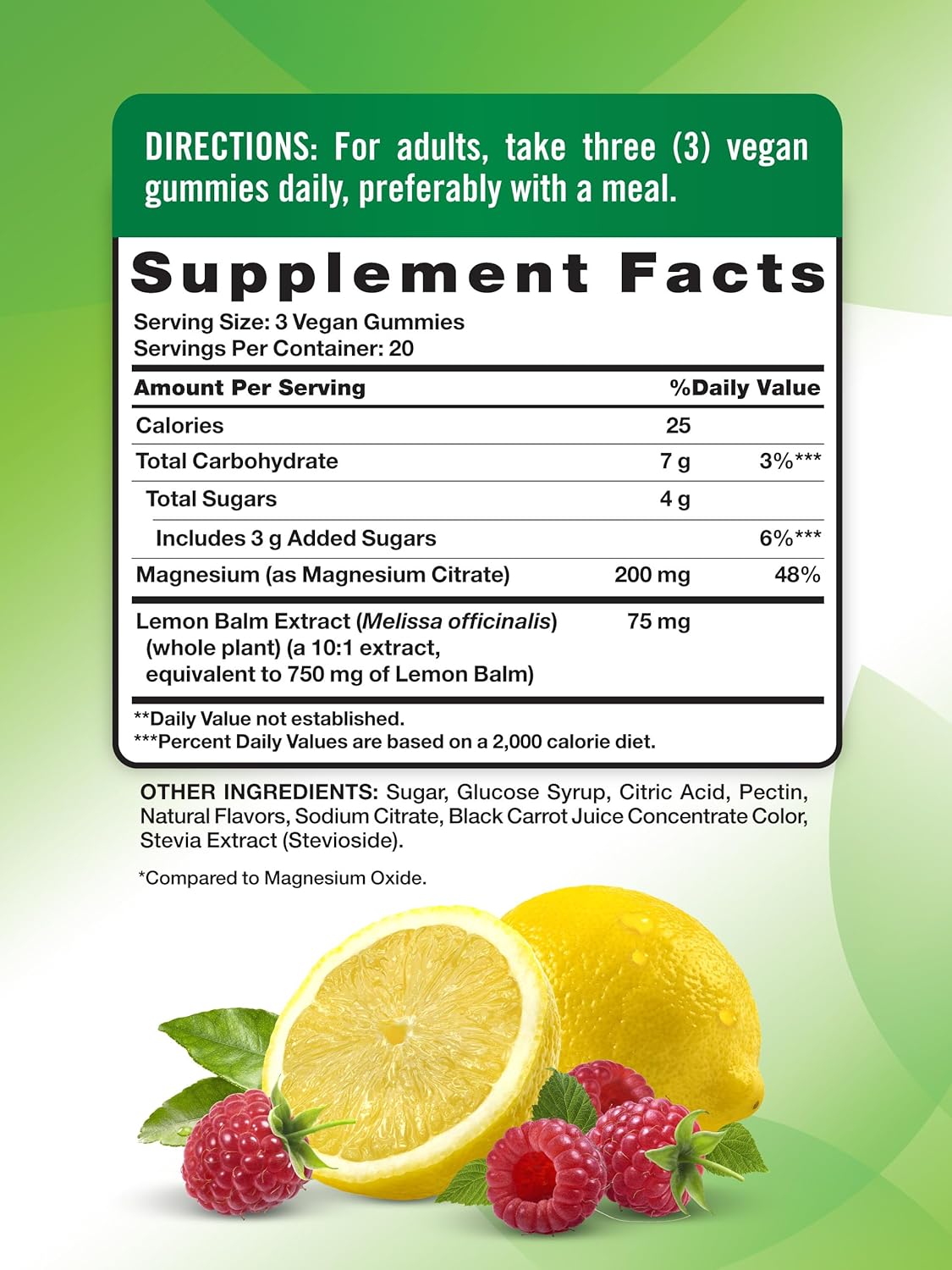 Supplement facts label with lemon and raspberry graphics on a green background