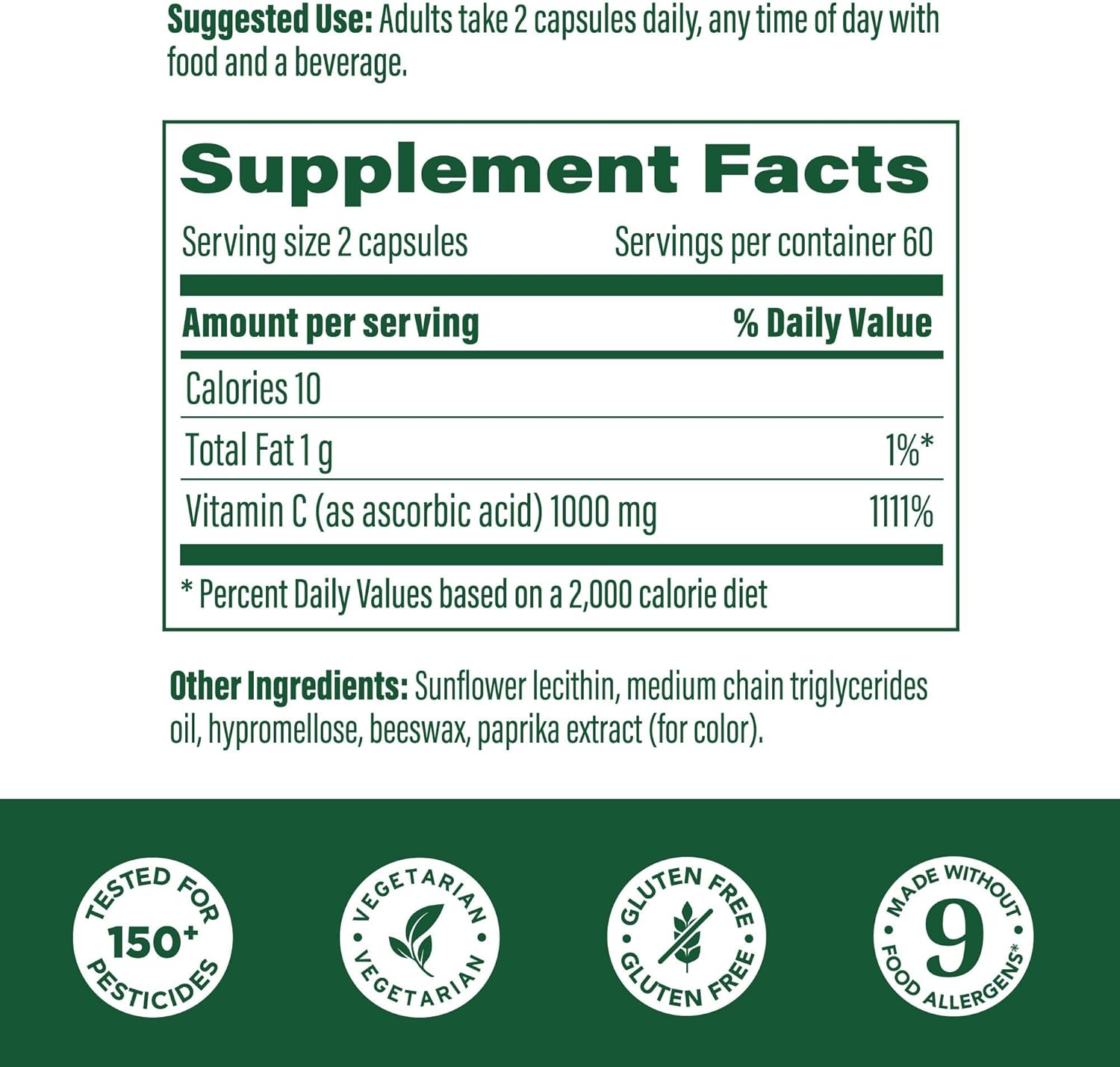 Supplement facts label with nutritional information and certification logos on a green background