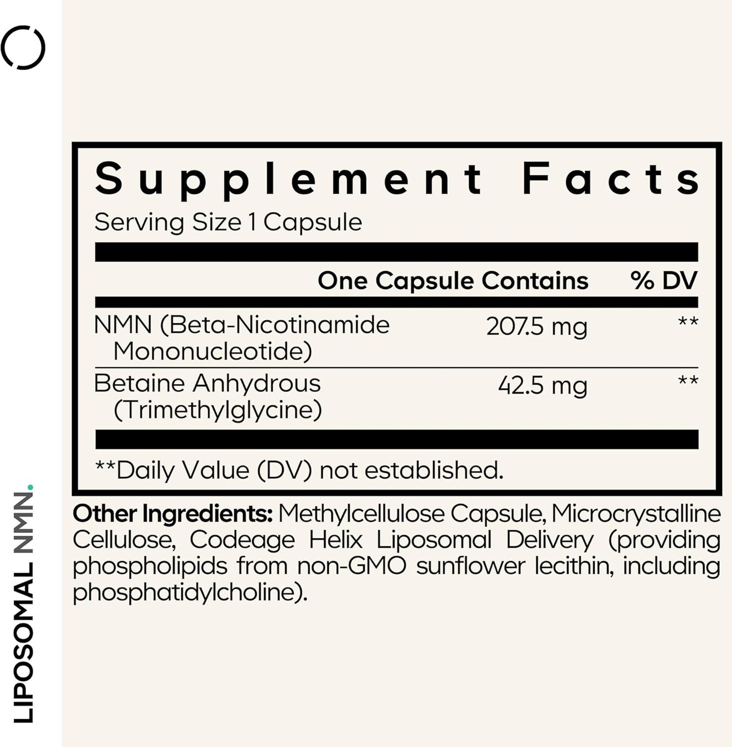 Supplement facts label for a capsule containing NMN and Betaine Anhydrous on a white background.