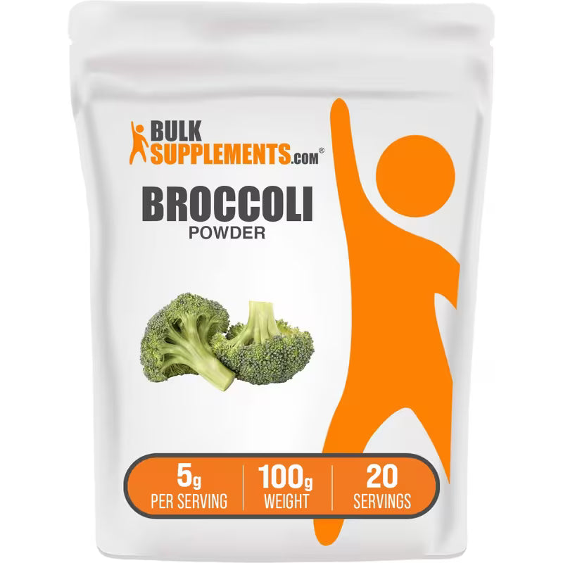 Package of Bulk Supplements Broccoli Powder with broccoli images and nutritional information.