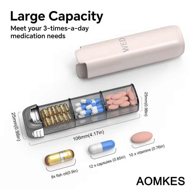 AOMKES pill organizer with various types of pills and capsules displayed, showing its capacity for daily medication needs.