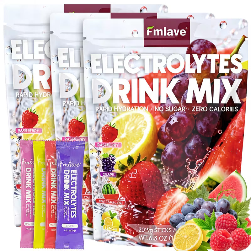 Fmlave Electrolytes Drink Mix packages with colorful fruit images on a white background