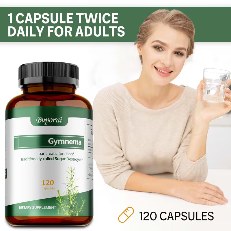 Buporai Gymnema supplement bottle with a woman holding water, text indicating daily dosage for adults.