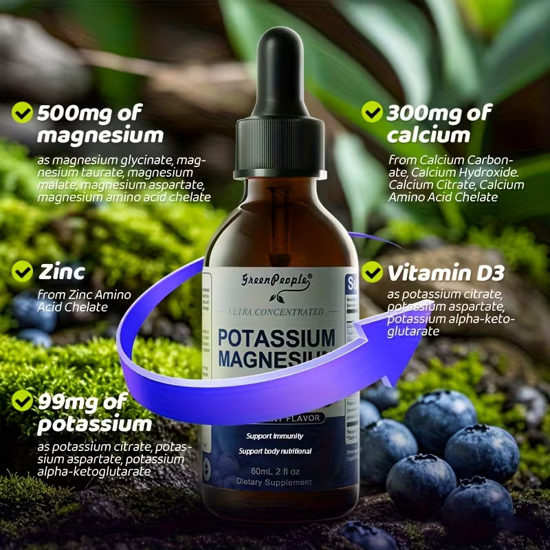 Bottle of Potassium Magnesium supplement with nutritional information and blueberries in the background