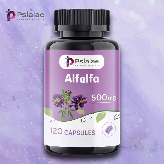 Bottle of Psilalae Alfalfa capsules on a purple background