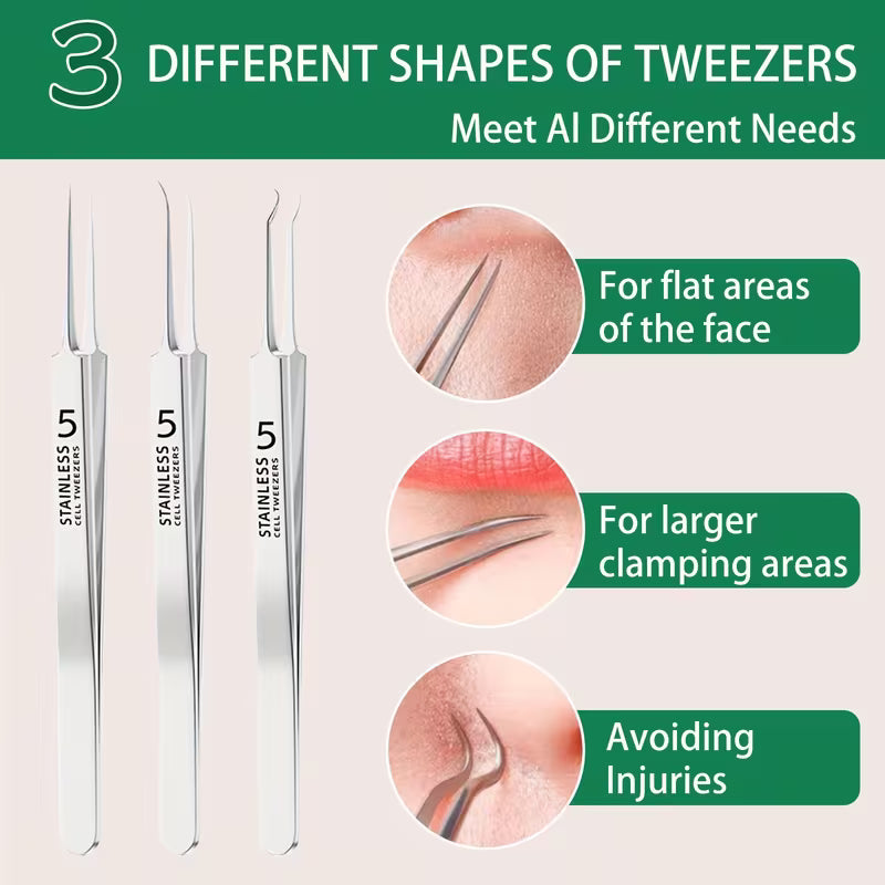 Three different shapes of tweezers with usage instructions on a light pink background.