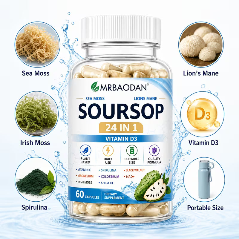 Bottle of Soursop dietary supplement with health benefits on a blue water background