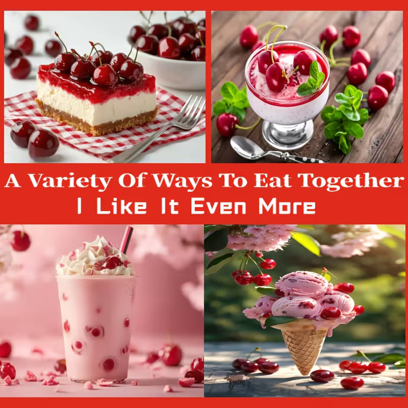 Collage of various desserts with cherries on a red background with text.