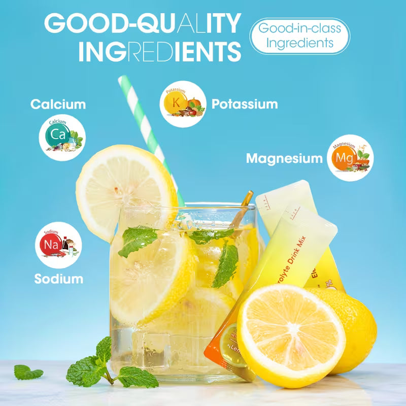 Glass of lemonade with lemon slices, mint leaves, and a straw on a blue background with nutritional information icons.