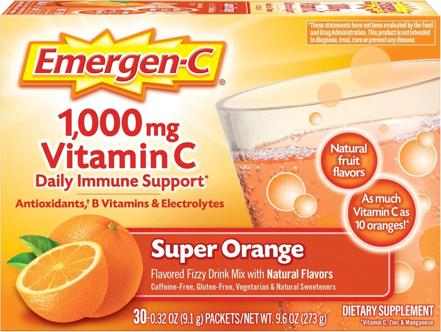 Box of Emergen-C Vitamin C supplement with orange flavor and daily immune support claims.