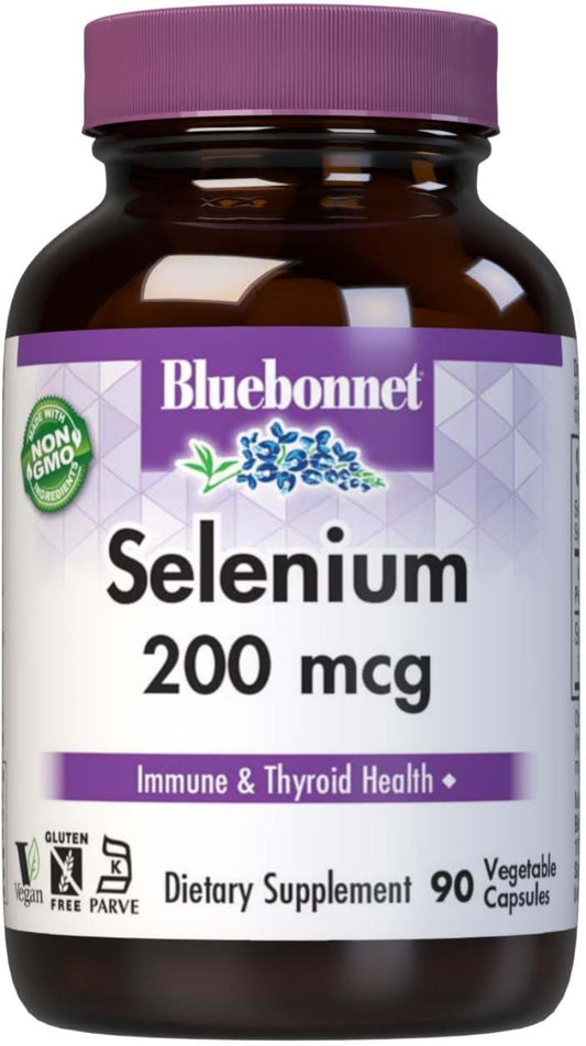 Bluebonnet Selenium supplement bottle with purple cap and label.