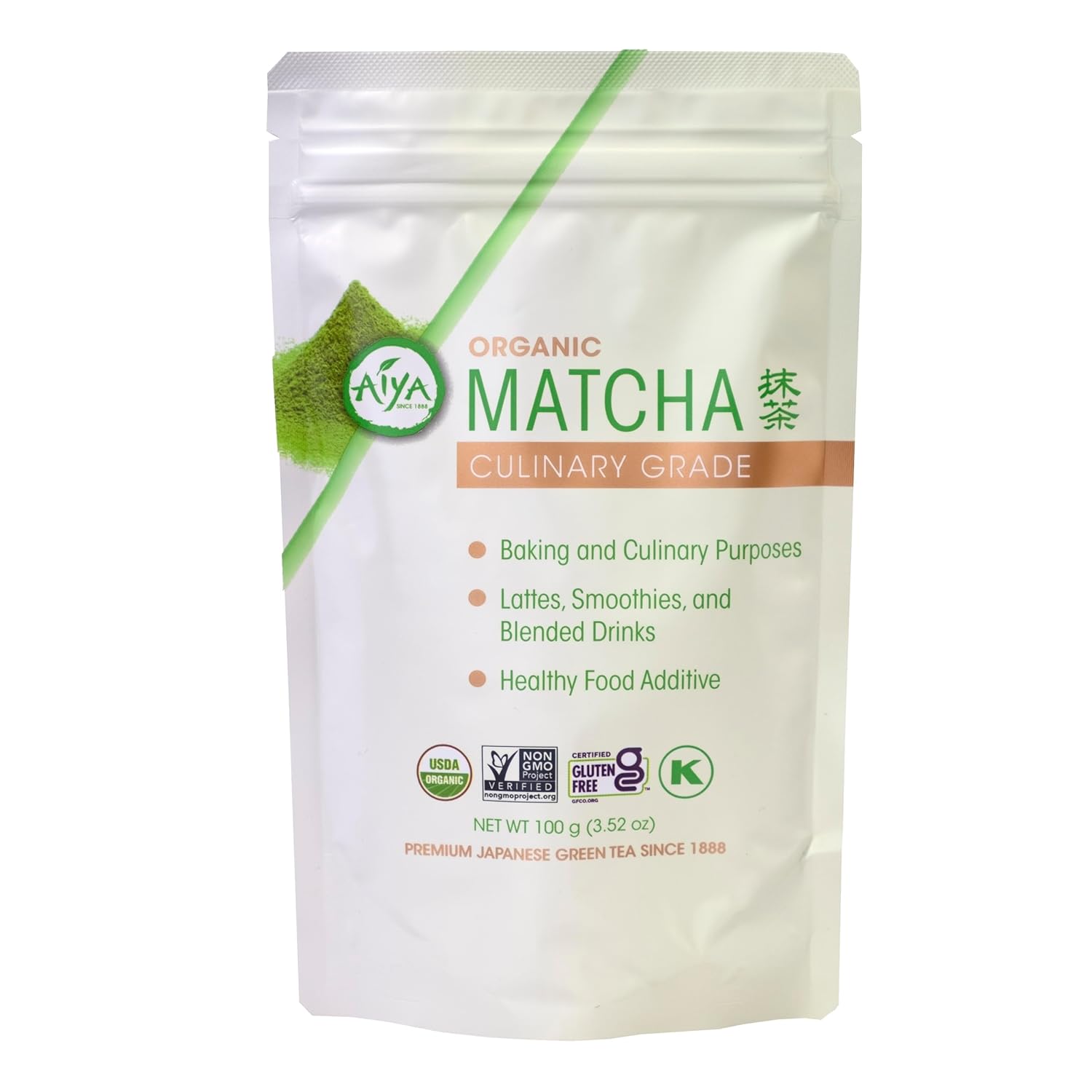 Package of organic matcha green tea powder with branding and product details on a white background