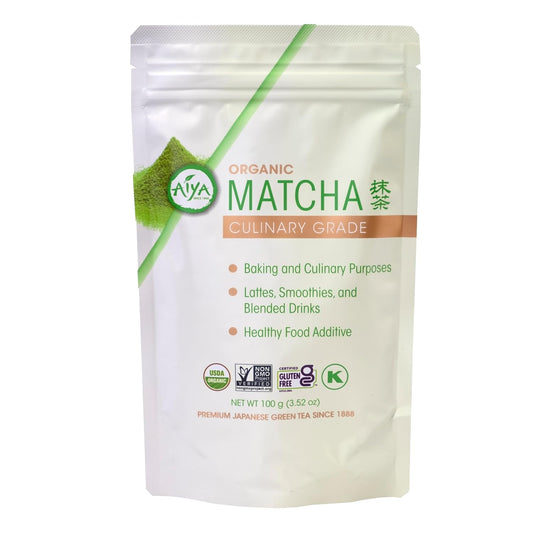 Package of organic matcha green tea powder with branding and product details on a white background