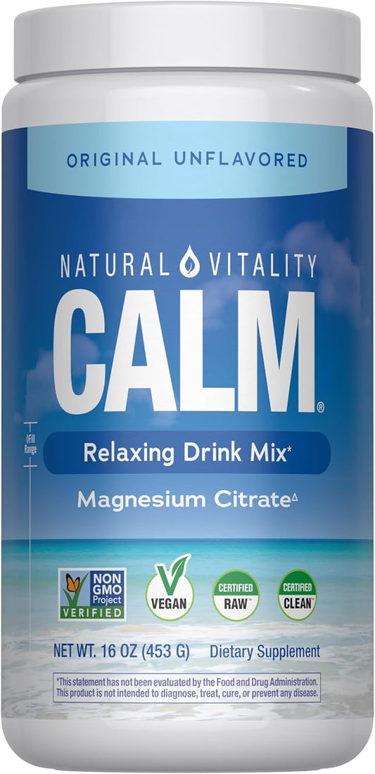 Container of Natural Vitality Calm Relaxing Drink Mix on a white background