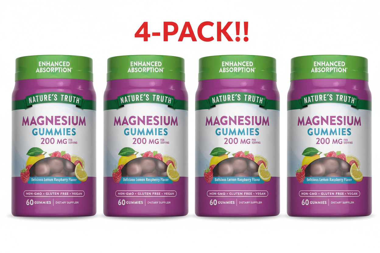 Four bottles of Nature's Truth Magnesium Gummies on a white background with '4-Pack!' text.