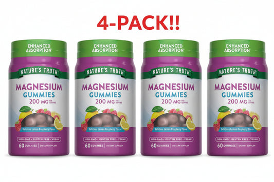 Four bottles of Nature's Truth Magnesium Gummies on a white background with '4-Pack!' text.