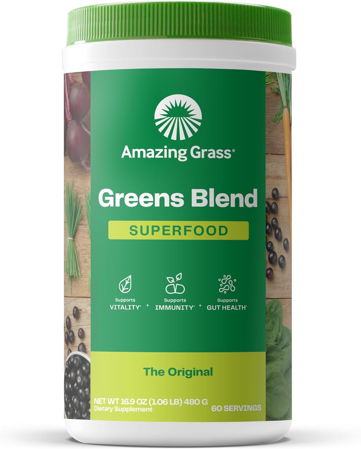 Container of Amazing Grass Greens Blend Superfood on a white background