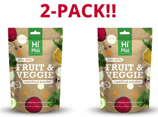 Two packages of Hi Plus Fruit & Veggie superfood powder on a white background with '2-Pack!!' text above.