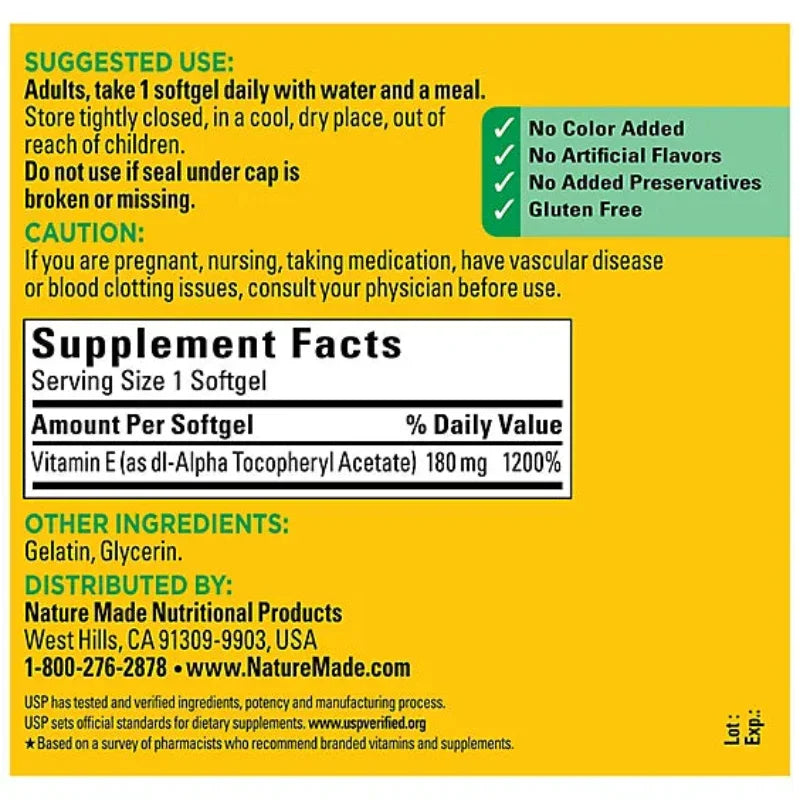 Nature Made Dietary Supplement Softgels Vitamin E 400 IU dl-Alpha - 300 Count Nature Made Dietary Supplement Softgels Vitamin E 400 IU dl-Alpha - 300 Count