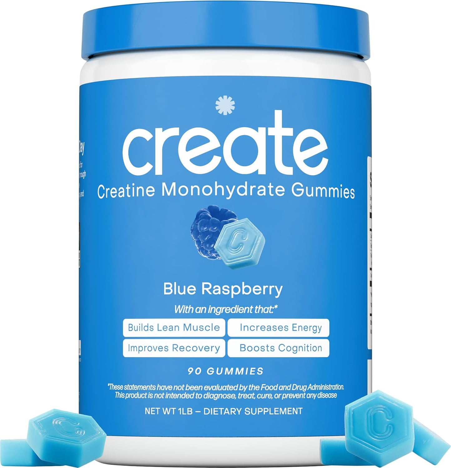 Blue container of 'create' Creatine Monohydrate Gummies with blue raspberry flavor on a white background.