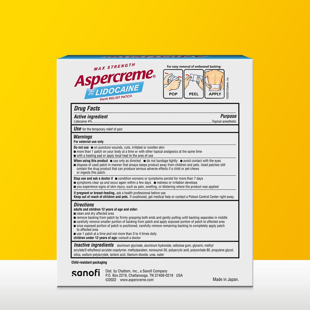 Aspercreme Lidocaine patch packaging on a yellow background