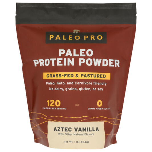 Bag of Paleo Pro Aztec Vanilla protein powder on a white background