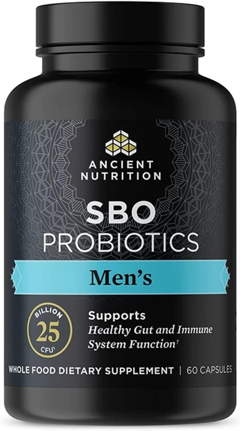 Black bottle of Ancient Nutrition SBO Probiotics for men on a black background