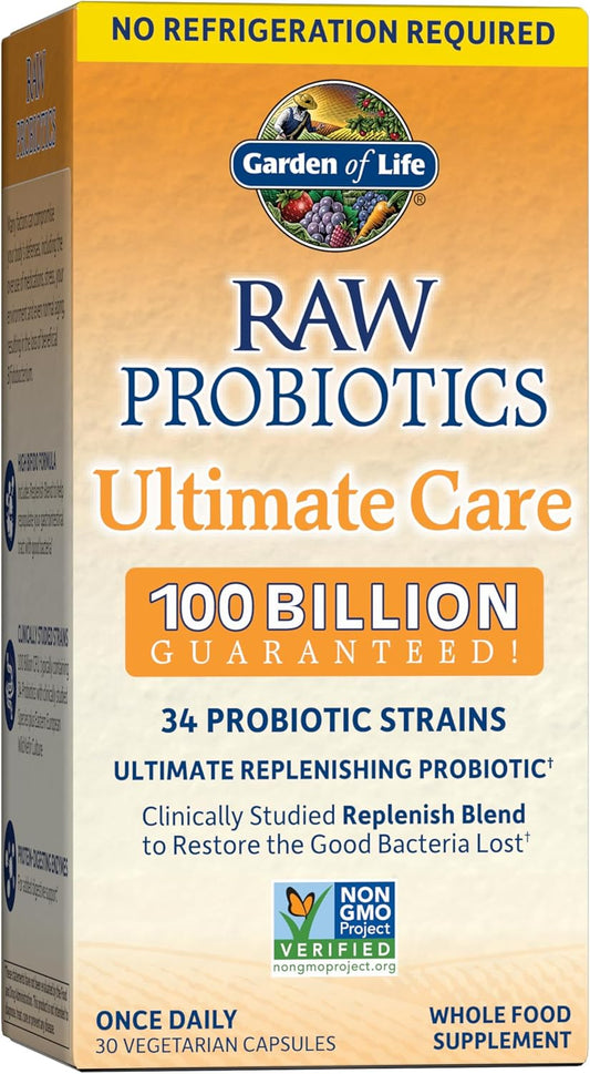 Box of Garden of Life Raw Probiotics Ultimate Care with text on a white background