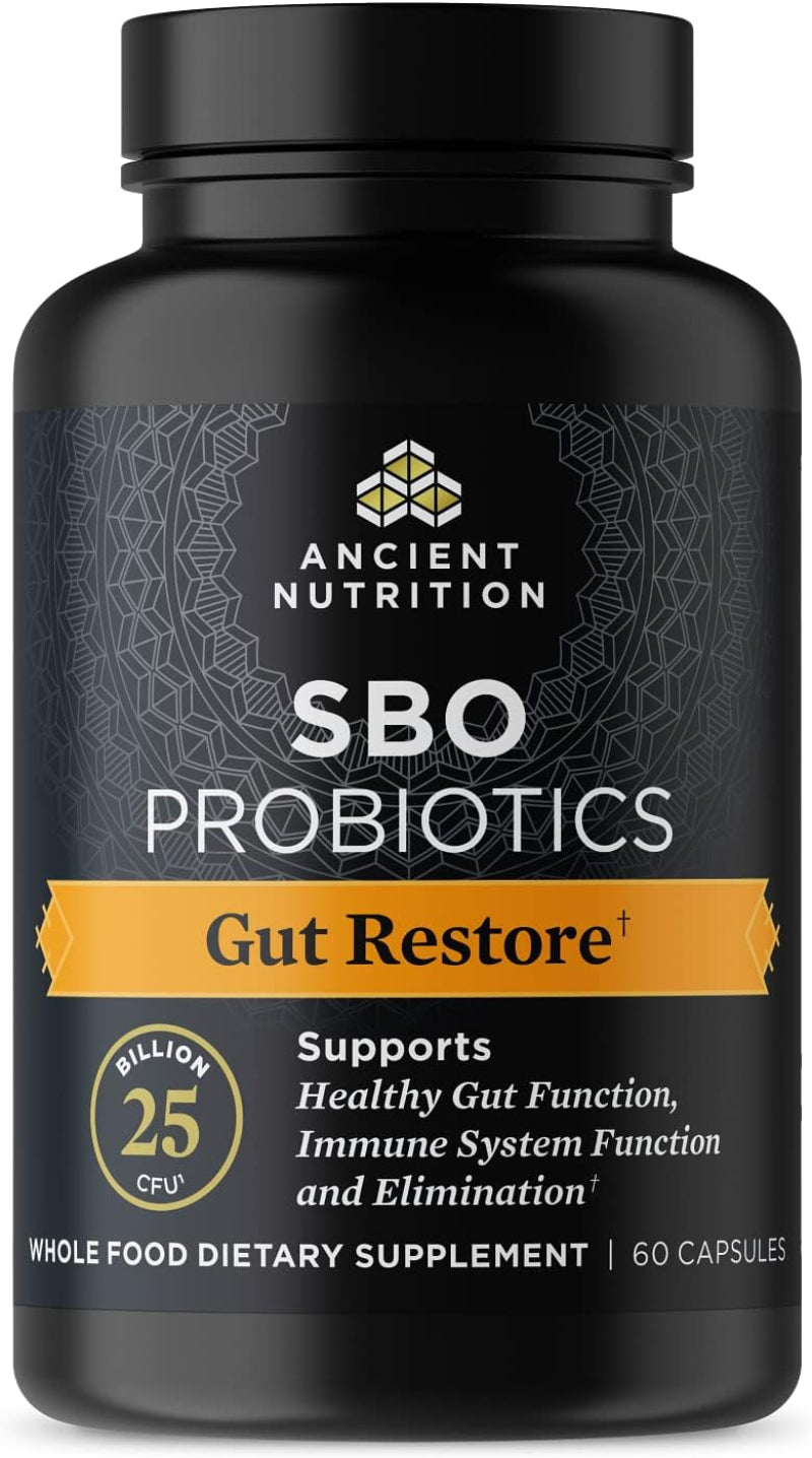 Black supplement bottle labeled 'SBO Probiotics Gut Restore' by Ancient Nutrition on a black background.