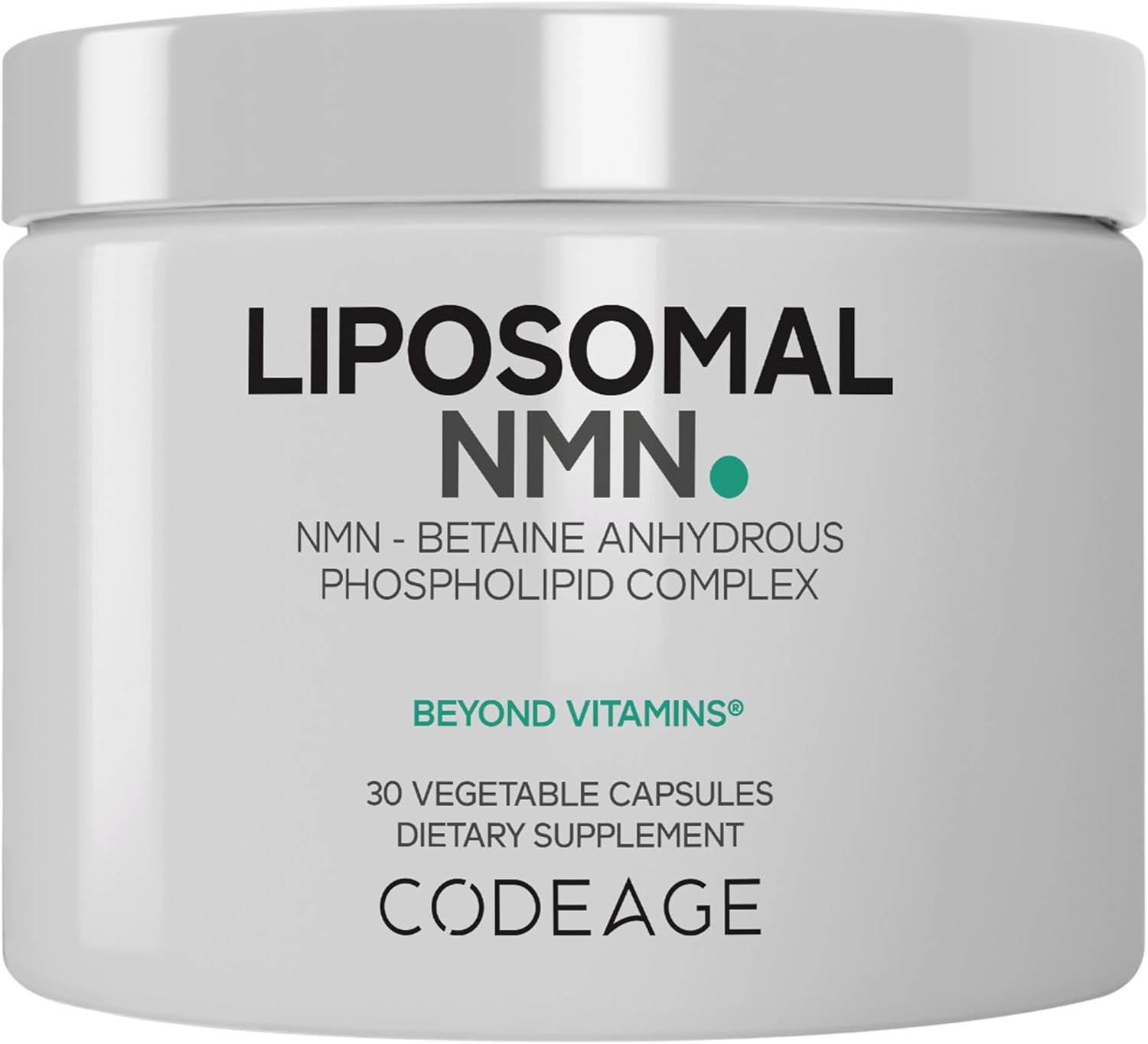 Supplement container labeled 'Liposomal NMN' by Codeage on a white background