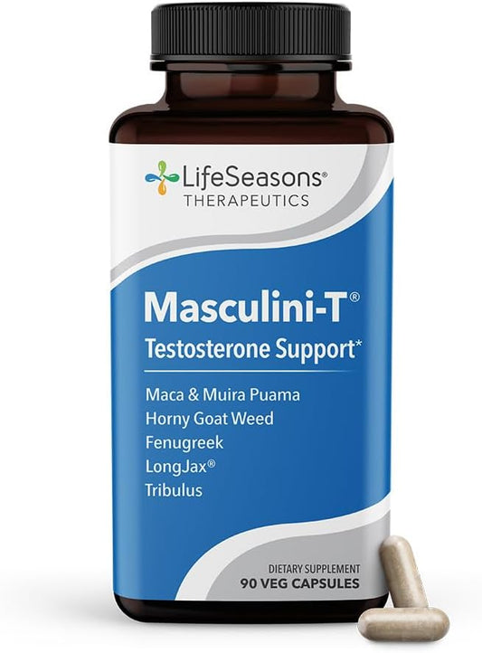 LifeSeasons Therapeutics Masculini-T testosterone support supplement bottle with capsules on a white background