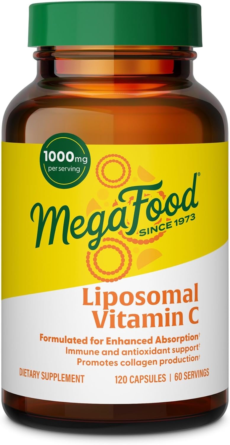 MegaFood Liposomal Vitamin C supplement bottle with green cap and yellow label.