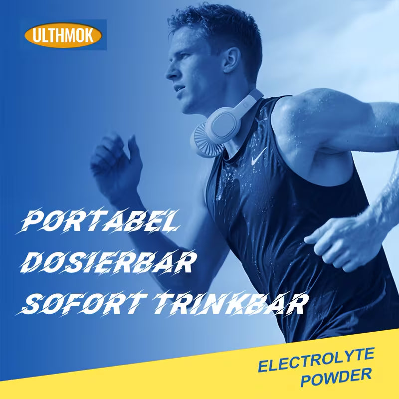 Person running with headphones, featuring Ulthmok electrolyte powder advertisement.