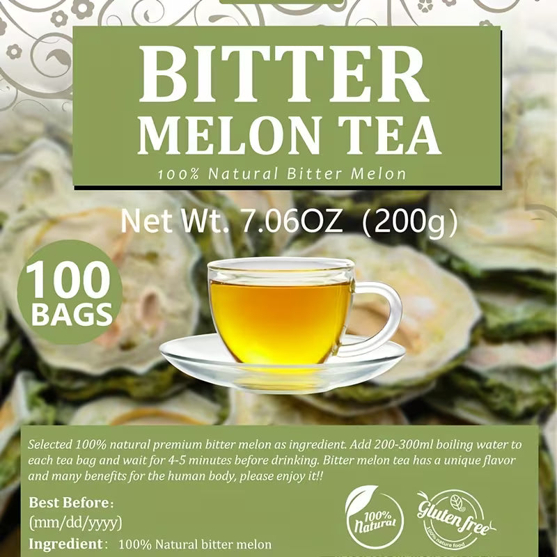 Bitter melon tea package with a cup of tea and text on a green background