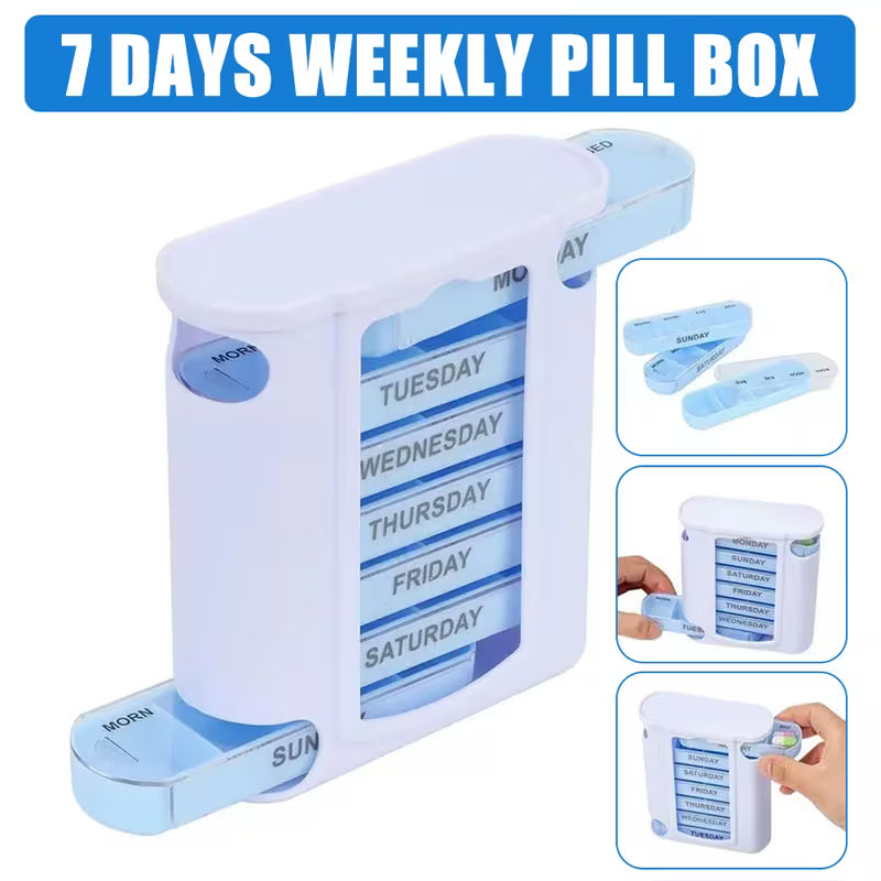 7-day weekly pill box with blue labels on a white background