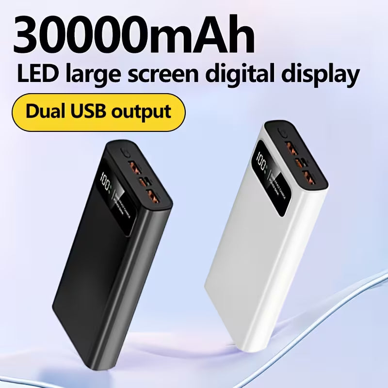 Two power banks with LED large screen digital display and dual USB output on a light blue background.
