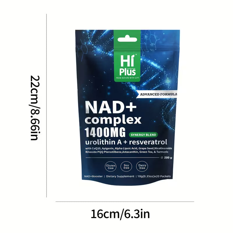 Blue supplement package labeled 'Hi Plus NAD+ complex' with dimensions on a white background
