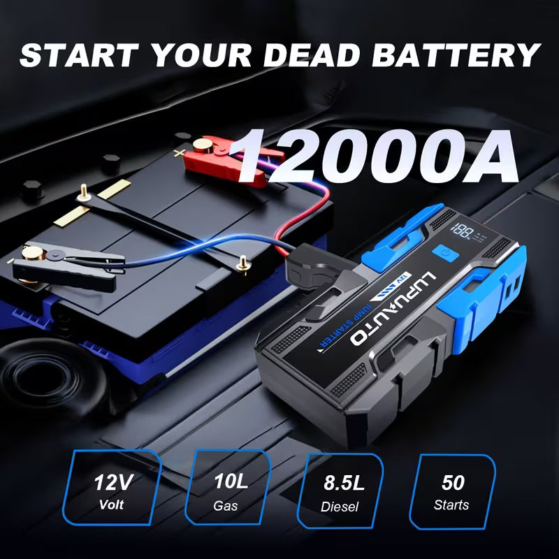 Car jump starter with battery and text 'Start your dead battery 12000A' on a dark background